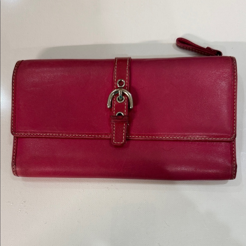Vintage Coach Fuchsia Leather Wallet with Buckle Accent 7” Length